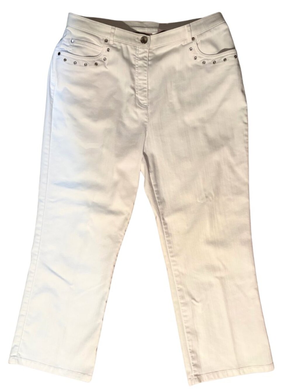 Steampunk TanJay Petites White Capri Pants 12P Stretch Crop Stud Detail Summer